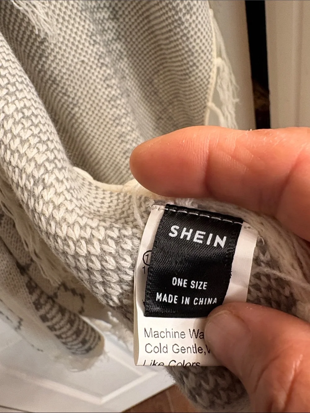 SHEIN Cream & Gray Fringed Knit Poncho